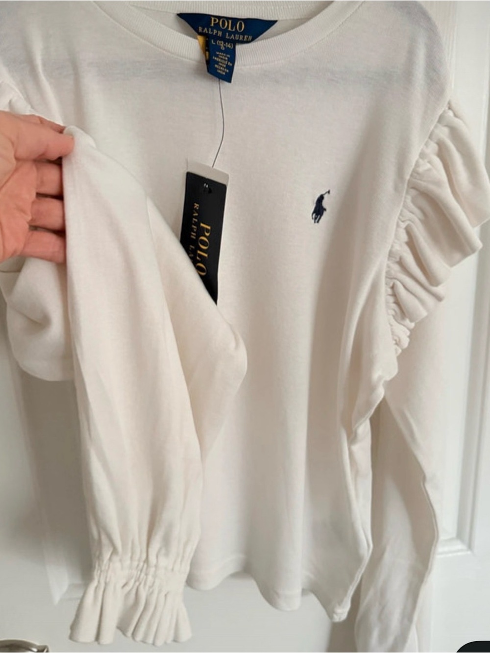 Ralph Lauren White Ruffle-Trim Long Sleeve Tee